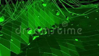 深绿色低聚波动表面作为晶体网格。 深绿色多边形几何振动环境或脉动
